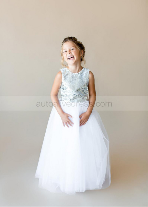 Silver Sequin White Tulle Cross Back Floor Length Flower Girl Dress